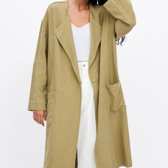 SOLD Zara Beige Tan Linen Coat Jacket Size S Relaxed Pockets Long Sleeve Casual - Picture 12 of 12